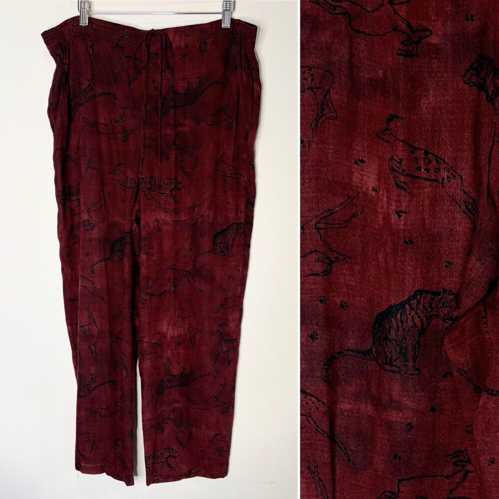Vintage Carole Little Pants Animal All Over Print Art Pull On Rayon Red Women 8